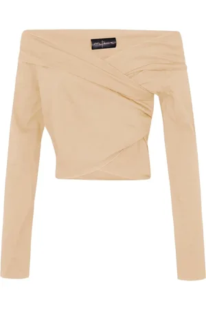 Cortana Koszulki, Kobieta, Beżowy, L, Asymetryczny Crop Top z Wiskozy Konopnej