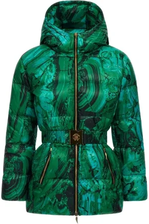 Roberto Cavalli Kurtki, Kobieta, Zielony, 2XL, Zielona Kurtka Puchowa z Nadrukiem Malachitu