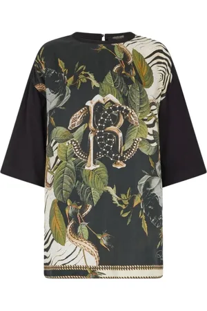 Roberto Cavalli Koszulki, Kobieta, Wielobarwność, S, Bawełna, T-shirt z nadrukiem dżungli, lustrzanym wężem i monogramem