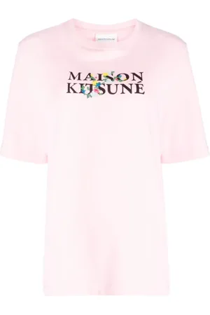Maison Kitsuné Koszulki, Kobieta, Różowy, M, Bawełna, Koszulka z Klasycznym Logo i Kwiatowym Nadrukiem