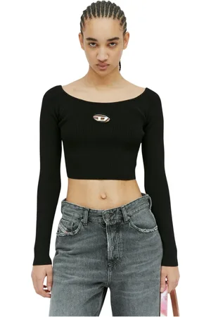 Diesel Koszulki, Kobieta, Czarny, L, Prążkowany crop top z logo