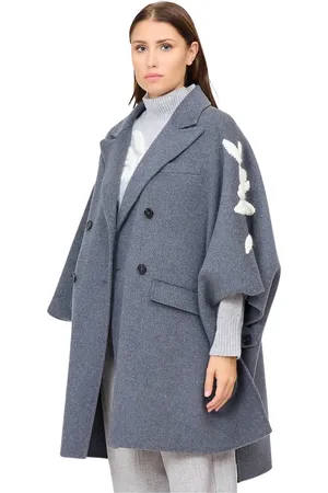ERMANNO SCERVINO Płaszcze, Kobieta, Szary, ONE SIZE, Wełna, Wełniany płaszcz typu peleryna z haftem