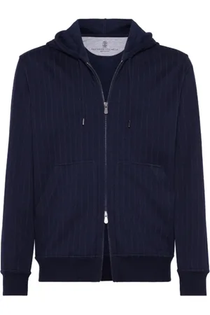 Brunello Cucinelli Bluzy, Mężczyzna, Niebieski, L, Bawełna, Granatowa bluza z kapturem zapinana na zamek w prążki