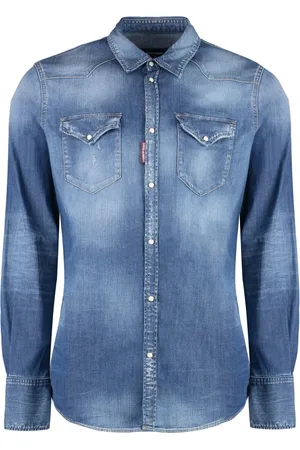 Dsquared2 Koszule, Mężczyzna, Niebieski, M, Bawełna, Jeansyowa koszula Stone Washed
