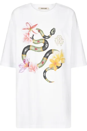 Roberto Cavalli Koszulki, Kobieta, Biały, S, Bawełna, T-shirt z nadrukiem węża i kwiatów