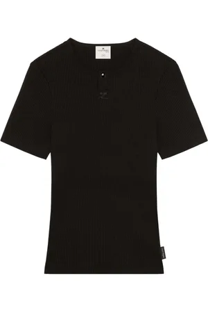 Courrèges Koszulki, Mężczyzna, Czarny, S, Bawełna, Czarny prążkowany T-shirt z haftowanym logo