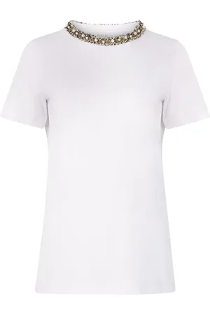 Nina Ricci Koszulki, Kobieta, Biały, S, Bawełna, T-shirt z ozdobnym dekoltem z koralików