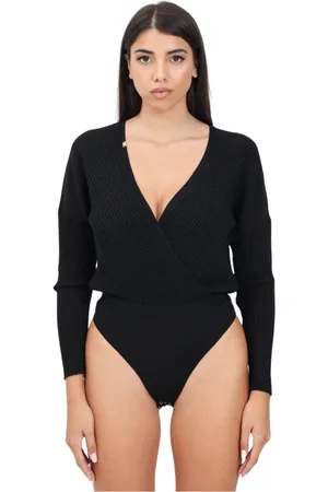 Elisabetta Franchi Koszulki, Kobieta, Czarny, M, Czarny prążkowany top typu body z logo