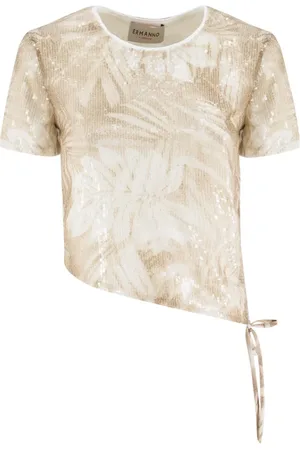 ERMANNO SCERVINO Koszulki, Kobieta, Beżowy, S, Poliester, T-shirt z okrągłym dekoltem i cekinami