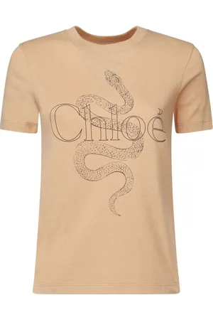 Chloé Koszulki, Kobieta, Beżowy, M, Bawełna, T-shirt z okrągłym dekoltem i logo