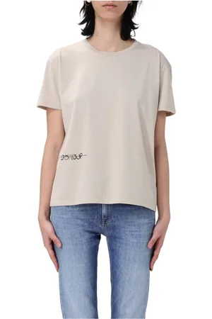 Dondup Koszulki, Kobieta, Beżowy, XS, Bawełna, Bawełniany T-shirt z Logo o Kroju Kwadratowym