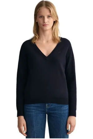 GANT Swetry, Kobieta, Niebieski, L, Wełna, Sweter z Wełny Merino Extra Fine z Dekoltem w Serek