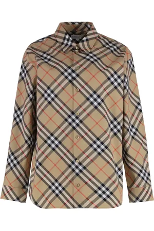 Burberry Bluzki, Kobieta, Beżowy, S, Bawełna, Koszula w kratę z bawełny z guzikami z macicy perłowej