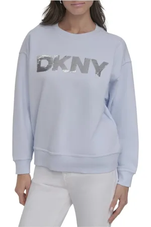 DKNY Bluzy, Kobieta, Niebieski, L, Cekiny, Niebieski Bluza z Logo Sequin Styl Miejski
