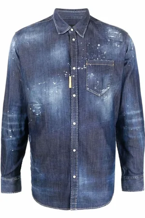 Dsquared2 Koszule, Mężczyzna, Niebieski, L, Bawełna, Koszula z długim rękawem Icon Splatter