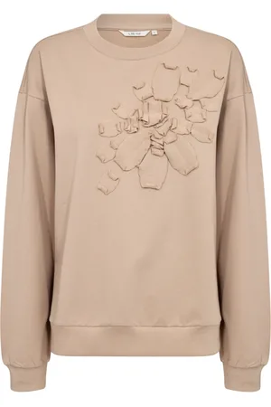 Cream Bluzy, Kobieta, Beżowy, XL, Bluza z Haftem i Okrągłym Dekoltem