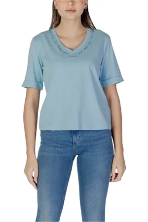 Liu Jo Koszulki, Kobieta, Niebieski, M, Bawełna, Bawełniany T-shirt z dekoltem w serek