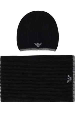 Emporio Armani Akcesoria, Mężczyzna, Czarny, ONE SIZE, Wełna, Luksusowy Czarno-Szary Zestaw Czapka i Szalik z Logo