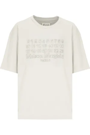 Maison Margiela Koszulki, Mężczyzna, Beżowy, L, Koszulka z haftowanym logo numerem Elfenben
