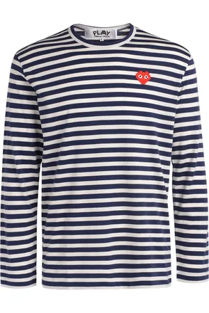 Comme des Garçons Koszulki, Mężczyzna, Niebieski, 2XL, Bawełna, Koszulka w paski z długim rękawem i naszywką serca