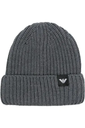Emporio Armani Akcesoria, Mężczyzna, Szary, M, Wełna, Czapka z naszywką z logo z prążkowanej dzianiny