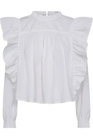 Co`Couture Bluzki, Kobieta, Biały, L, Bawełna, Bluzka z Falbankami i Detalem Smock