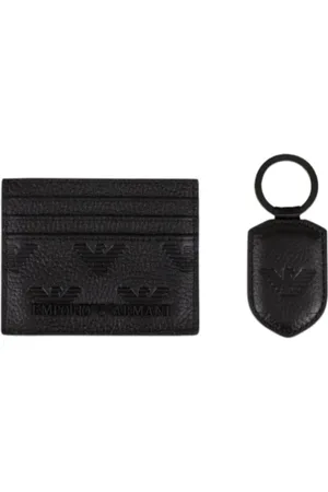 Emporio Armani Akcesoria, Mężczyzna, Czarny, ONE SIZE, Skóra, Skórzany portfel na karty i brelok do kluczy z wytłoczonym orłem