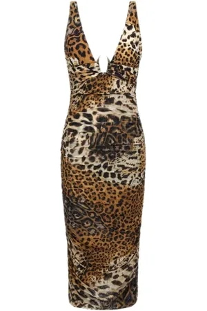 Roberto Cavalli Sukienki, Kobieta, brązowy, 2XS, Sukienka z nadrukiem jaguara Brązowa Kobieta