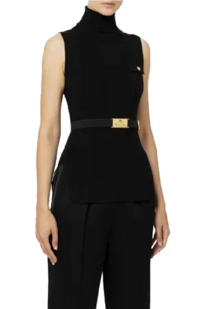 Elisabetta Franchi Koszulki, Kobieta, Czarny, L, Czarny prążkowany golf z kieszenią z logo