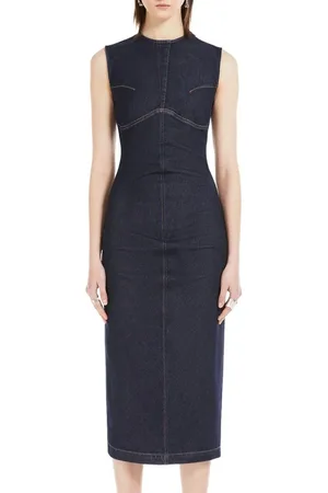 Sportmax Sukienki, Kobieta, Niebieski, M, Denim, Sukienka midi z denimu z metalowym zamkiem