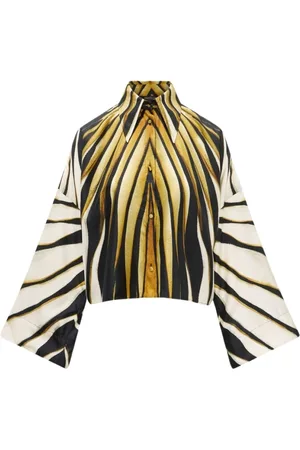 Roberto Cavalli Bluzki, Kobieta, Wielobarwność, S, Złota Jedwabna Koszula z Nadrukiem dla Kobiet