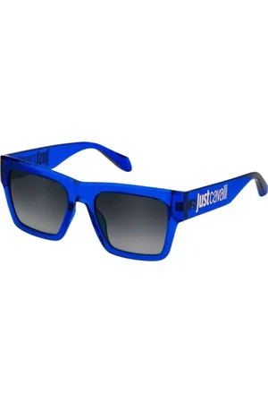Roberto Cavalli Akcesoria, Kobieta, Niebieski, ONE SIZE, Okulary przeciwsłoneczne w kształcie prostokąta z odważnym wzorem na zausznikach