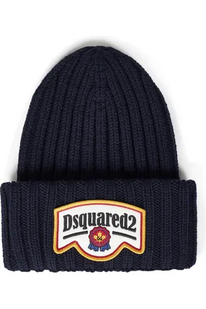 Dsquared2 Akcesoria, Mężczyzna, Niebieski, ONE SIZE, Wełna, Wełniana czapka typu beanie z prążkowanej dzianiny trikotowej