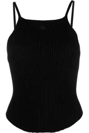 Courrèges Koszulki, Kobieta, Czarny, L, Poliester, Top z Prążkowanej Dzianiny z Logo