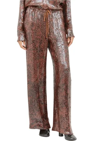 DRIES VAN NOTEN Spodnie, Kobieta, Czerwony, M, Cekiny, Spodnie z szerokimi nogawkami i sznurkiem w cekiny