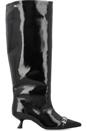 Ganni Buty, Kobieta, Czarny, 40 EU, Bawełna, Czarne lakierowane kozaki slouchy z wysoką cholewką
