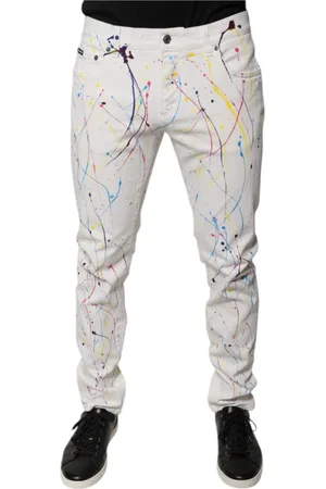 Dolce & Gabbana Jeansy, Mężczyzna, Biały, M, Białe Skinny Jeansyy z Plamami Farby