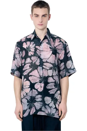 DRIES VAN NOTEN Koszule, Mężczyzna, Wielobarwność, M, Koszula z jedwabiu w kwiaty z kołnierzykiem Camp Collar