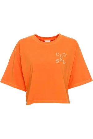 Closed Koszulki, Kobieta, Pomarańczowy, L, Bawełna, Prążkowany T-shirt z okrągłym dekoltem