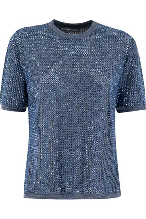 ERMANNO SCERVINO Koszulki, Kobieta, Niebieski, S, Denim, Dzianinowy T-shirt z Kryształowymi Ozdobami