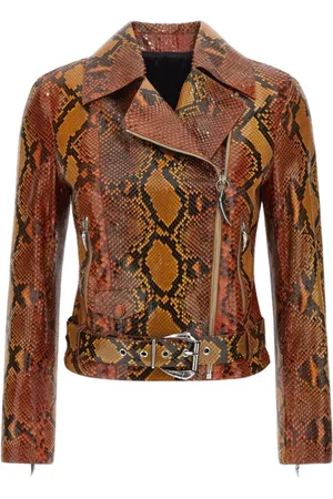 Roberto Cavalli Kurtki, Kobieta, Pomarańczowy, S, Kurtka Skórzana z Wężowym Wzorem