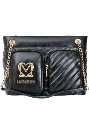 Moschino Torebki, Kobieta, Czarny, ONE SIZE, Poliester, Czarna torba shopper z łańcuszkowymi uchwytami