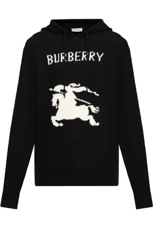 Burberry Bluzy, Mężczyzna, Czarny, M, Wełna, Czarny sweter dzianinowy z kapturem ze sznurkiem