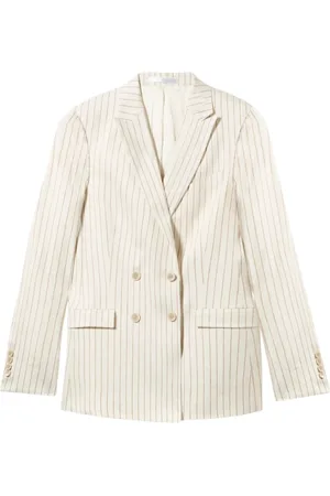 Brooks Brothers Kurtki, Kobieta, Biały, L, Len, Pinstripe Linen Blend Dwurzędowy Blezer