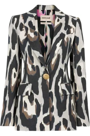 Roberto Cavalli Kurtki, Kobieta, Wielobarwność, S, Len, Lniana marynarka slim fit we wzór jaguara