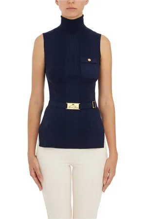 Elisabetta Franchi Koszulki, Kobieta, Niebieski, L, Prążkowany Top Dolcevita