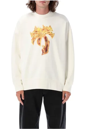 Palm Angels Bluzy, Mężczyzna, Biały, L, Biało-Złote Swetry z Długim Rękawem Crew Neck T-shirt