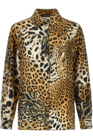 Roberto Cavalli Bluzki, Kobieta, brązowy, 2XL, Jedwabna Koszula z Skóry Jaguara Jasnobrązowa