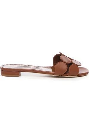 Manolo Blahnik Buty, Kobieta, brązowy, 39 EU, Skóra, Brązowe sandały płaskie z geometrycznymi paskami