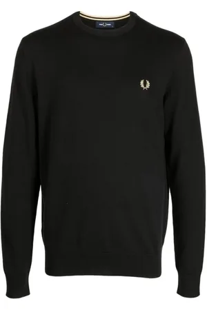 Fred Perry Swetry, Mężczyzna, Czarny, XL, Bawełna, Logo-Embroidered Crew-Neck Jumper
